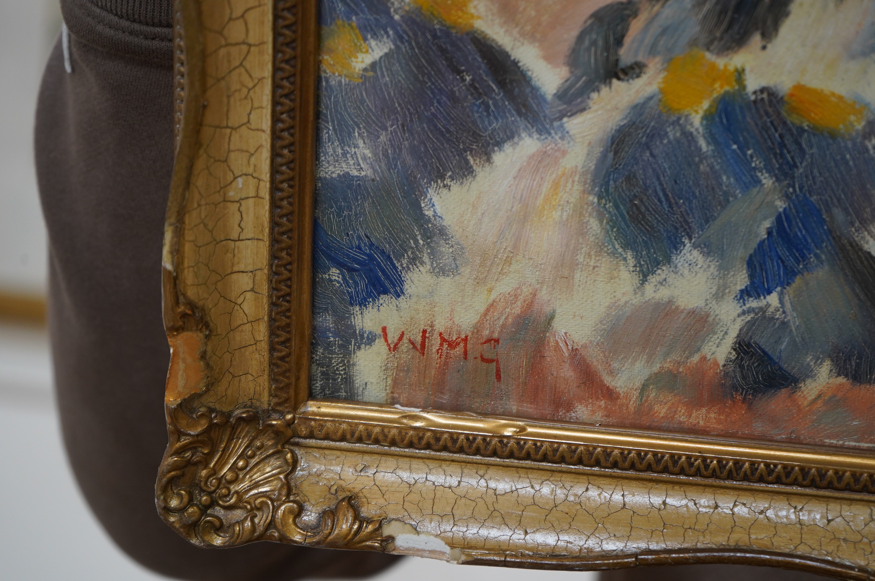 A decorative oil on board, Scottish colourist style, Coastal view, 40 x 50cm. Condition - good